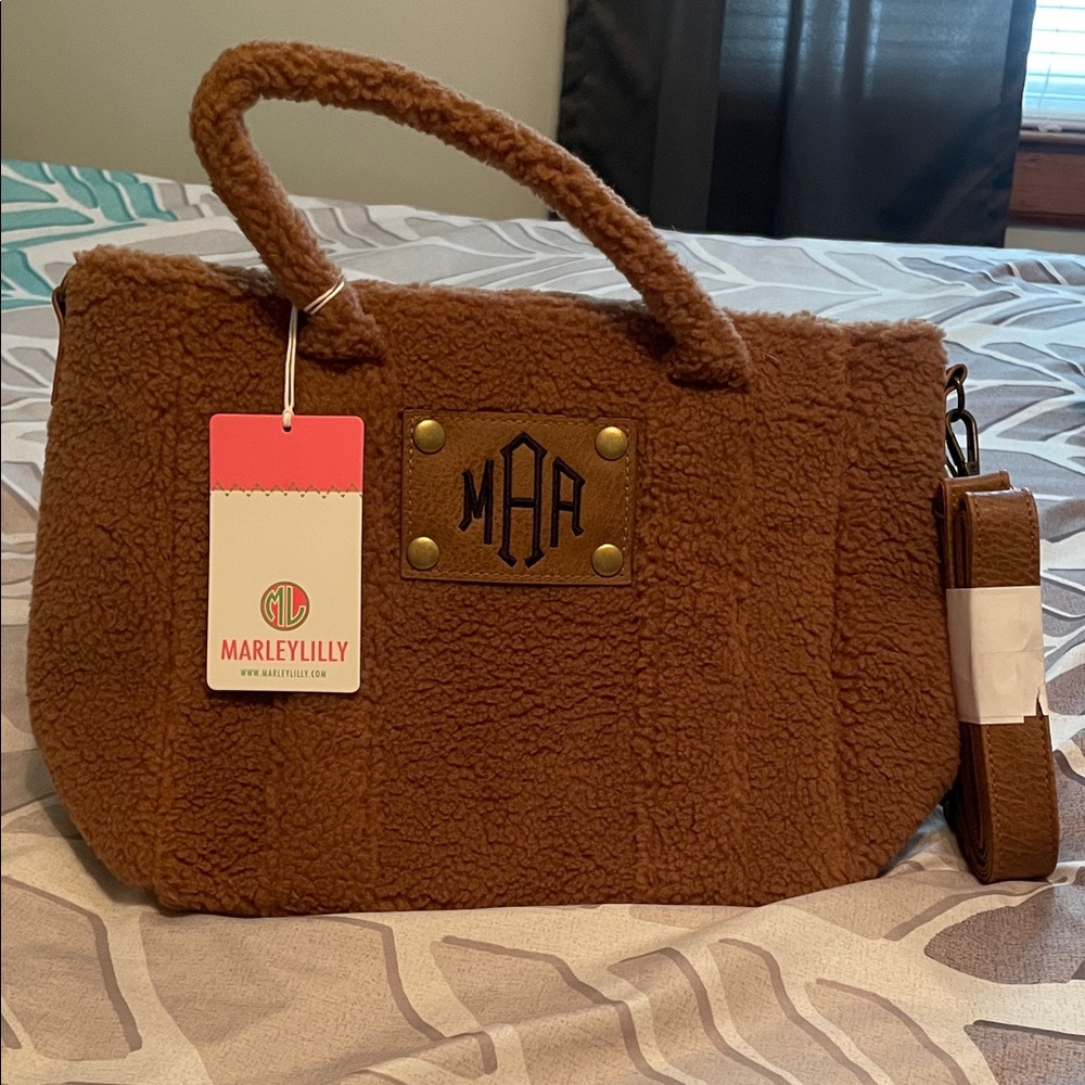 Marley Lily Brown Sherpa Tote Bag with monogram